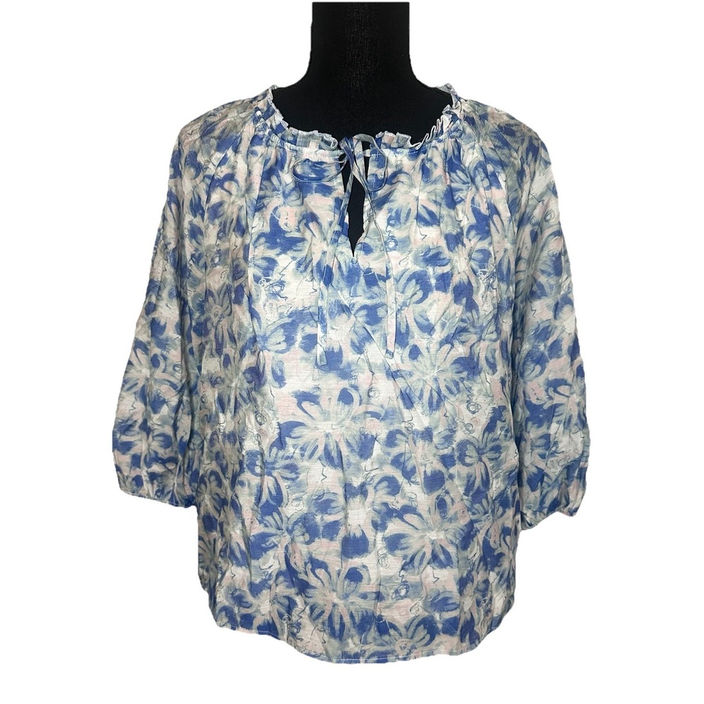 Melloday Women's MEDIUM Floral Blue White Boho Cottagecore Blouse Tie Neck Top